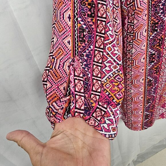 Faded Glory Pink Aztec Boho Tribal Peasant Roll Tab Tunic Blouse 18W/20W - Picture 6 of 11